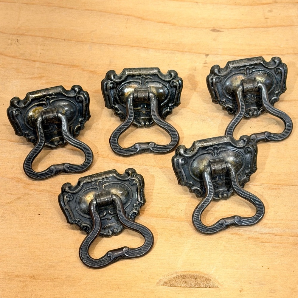 Vintage Ornate Drop Bail Drawer Pulls‎ Antique Brass Finish Set of 5 Hardware